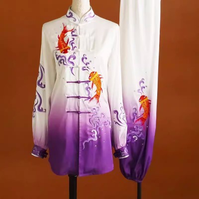 Custom size koi embroidery chinese kung fu tai chi clothing purple wushu martial art team competition uniforms for unisex